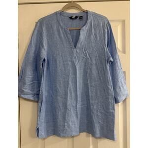 Lands' End Linen Blend Tunic Top MED Blue Pockets 3/4 Sleeve Lagenlook Coastal